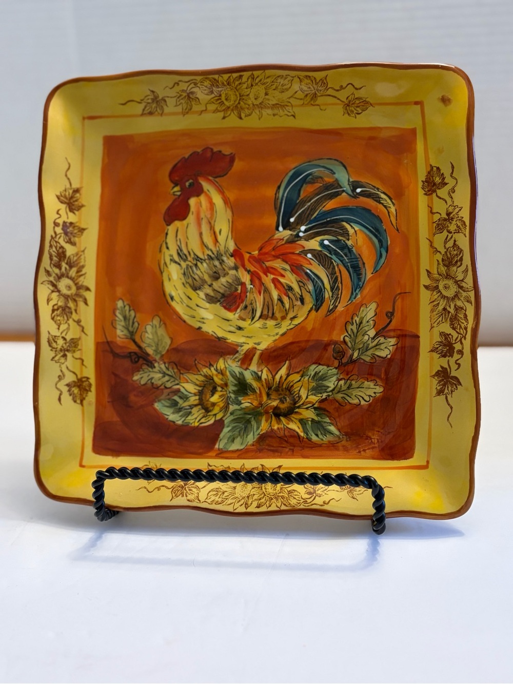 Maxcera Orange Rooster Square Salad Plate 9" Hand Painted Sunflower Ceramic VTG